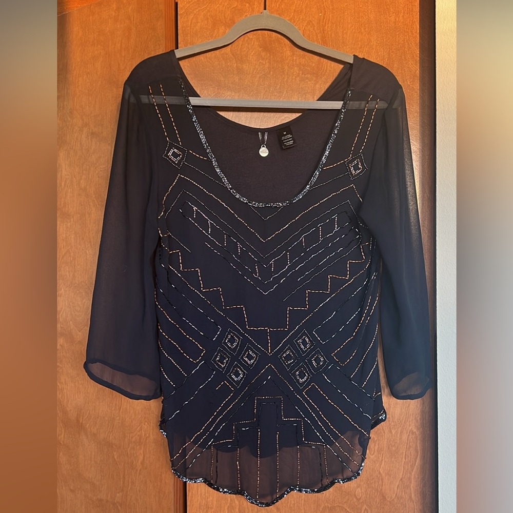 BKE navy sheer beaded blouse
